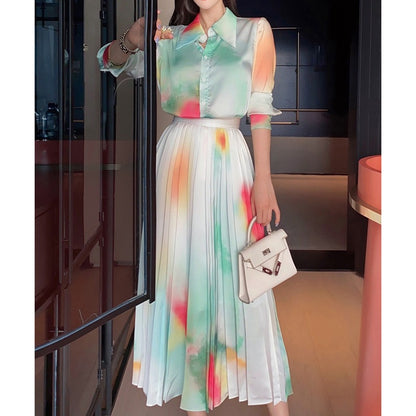 Spring New Suit Skirt Two-piece Western Style Fashionable Printed Shirt Pleated Skirt Elegant Graceful