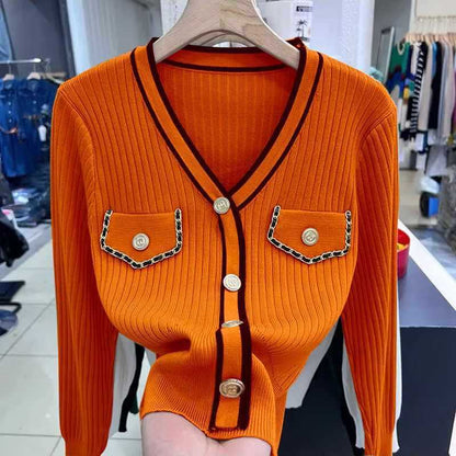 Jersey de punto con cuello en V de estilo clásico, suéter ajustado para mujer