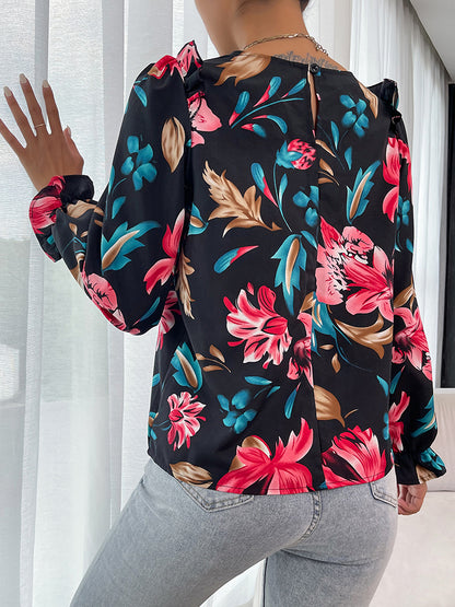 Blouse florale à manches volantées et épaules volantées