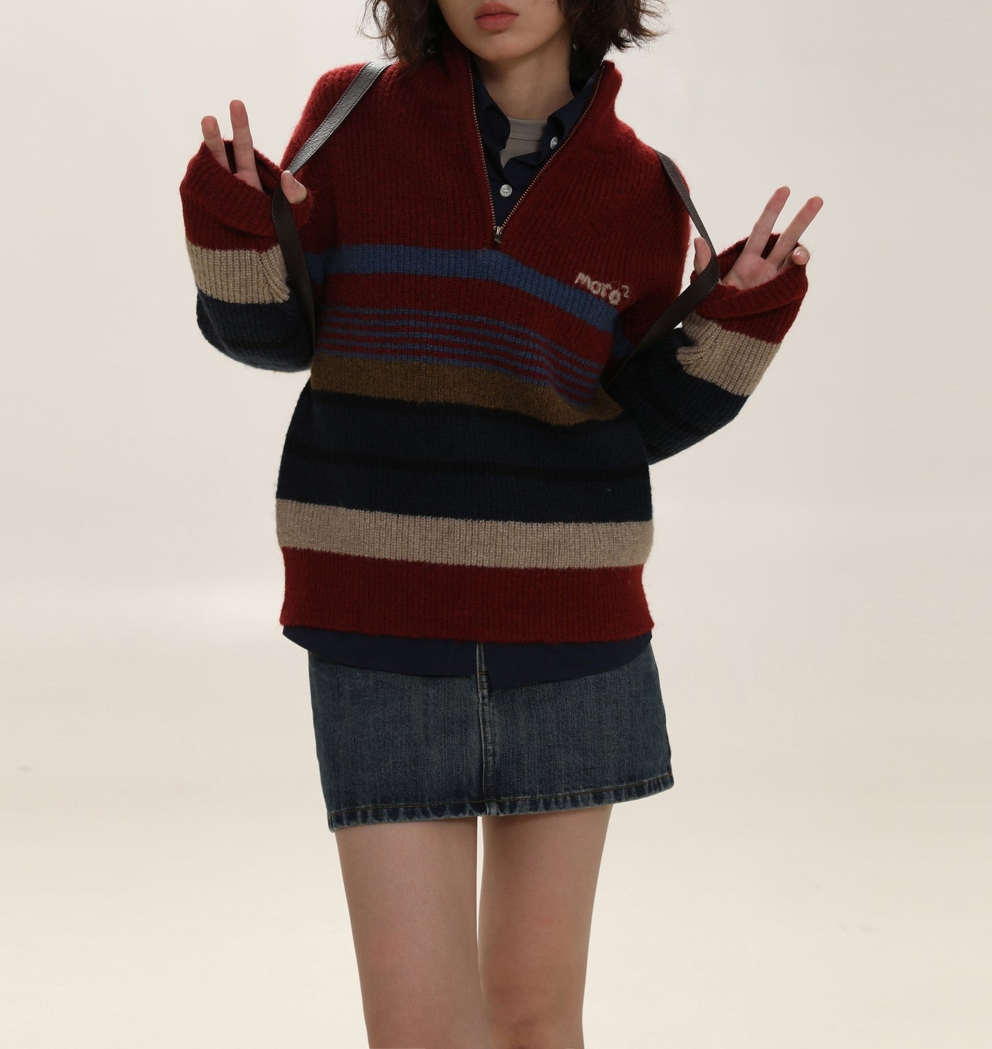 Retro College Style Half Zipped Stand Collar Hand Embroidered Striped Sweater