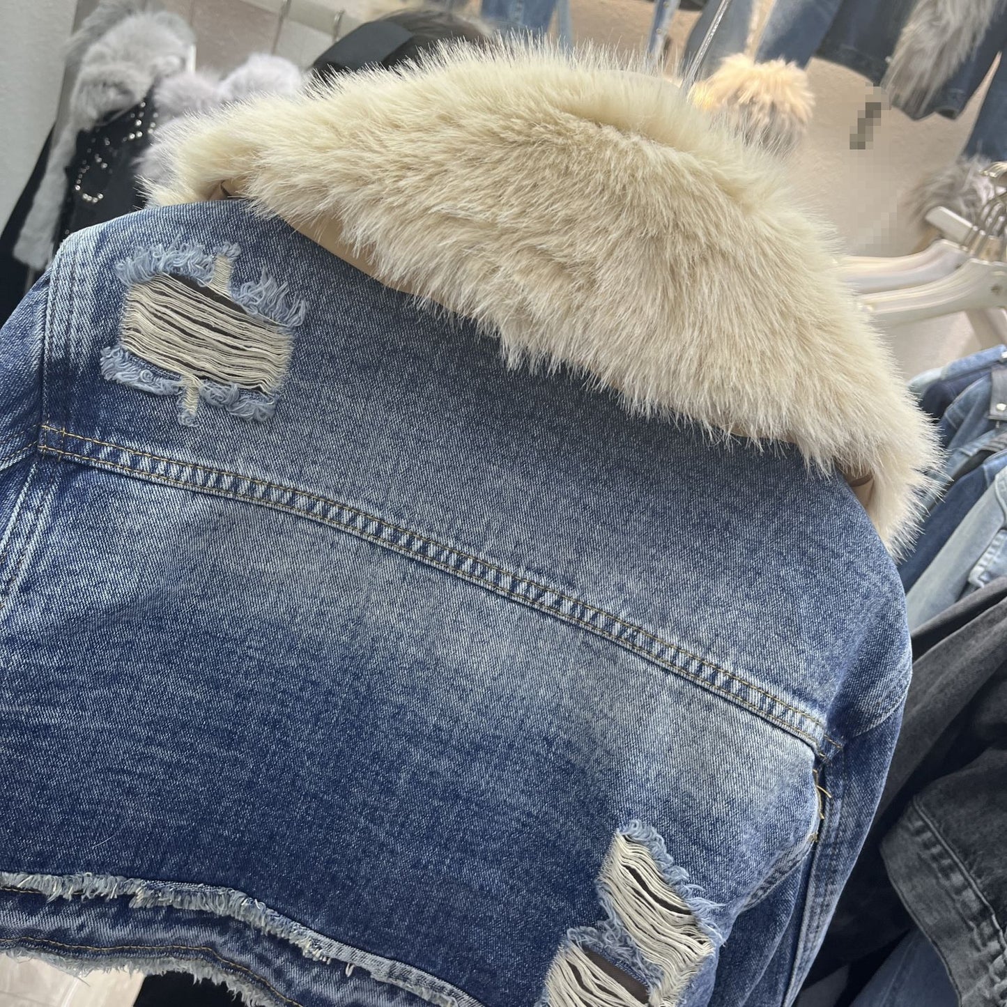 Denim Splicing Quilted Environmental Protection Fox Fur Denim Coat Short