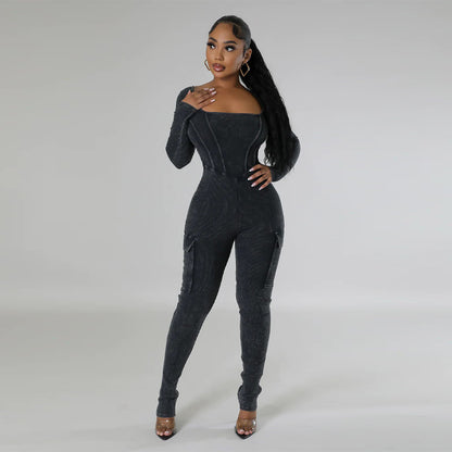 Women's Fashion Casual Solid Color Pocket Tight Jumpsuit