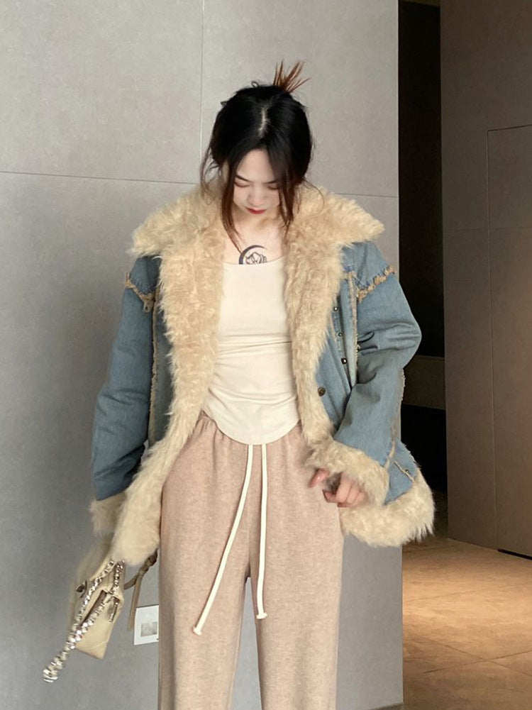 Denim Fur Collar Coat Women's Winter Hong Kong Style Vintage Top