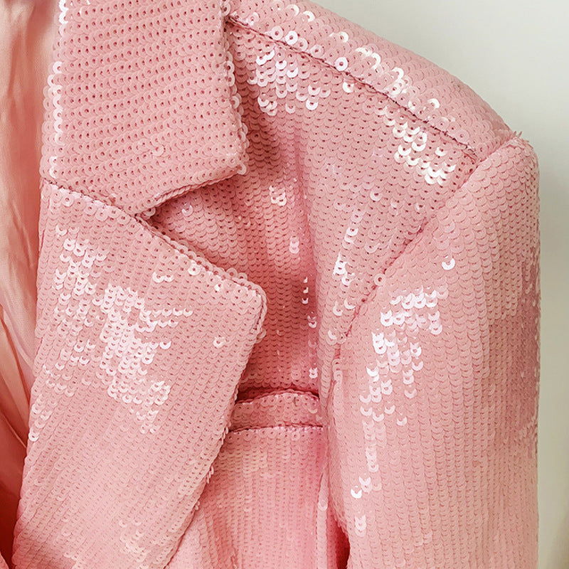 Blazer de lentejuelas rosa con raíz de loto suelta y doble botonadura de moda para mujer