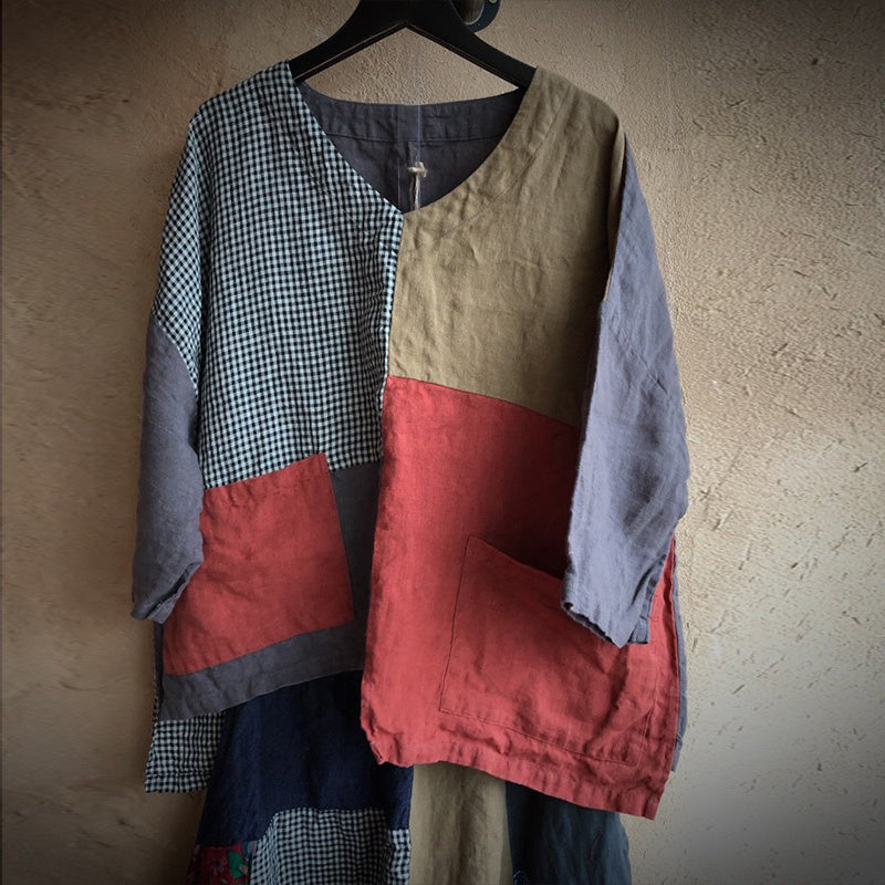 Patchwork Linen Loose Summer And Autumn Blouse