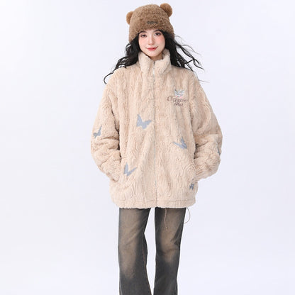 Women's Diamond Lattice Quilted Lining Butterfly Plush Cotton-padded Coat