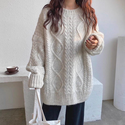 Mohair Sweater For Women For Autumn And Winter Outer Wear Thickened Loose Cozy Style Pullover Mid-length Twist Knitted Sweater