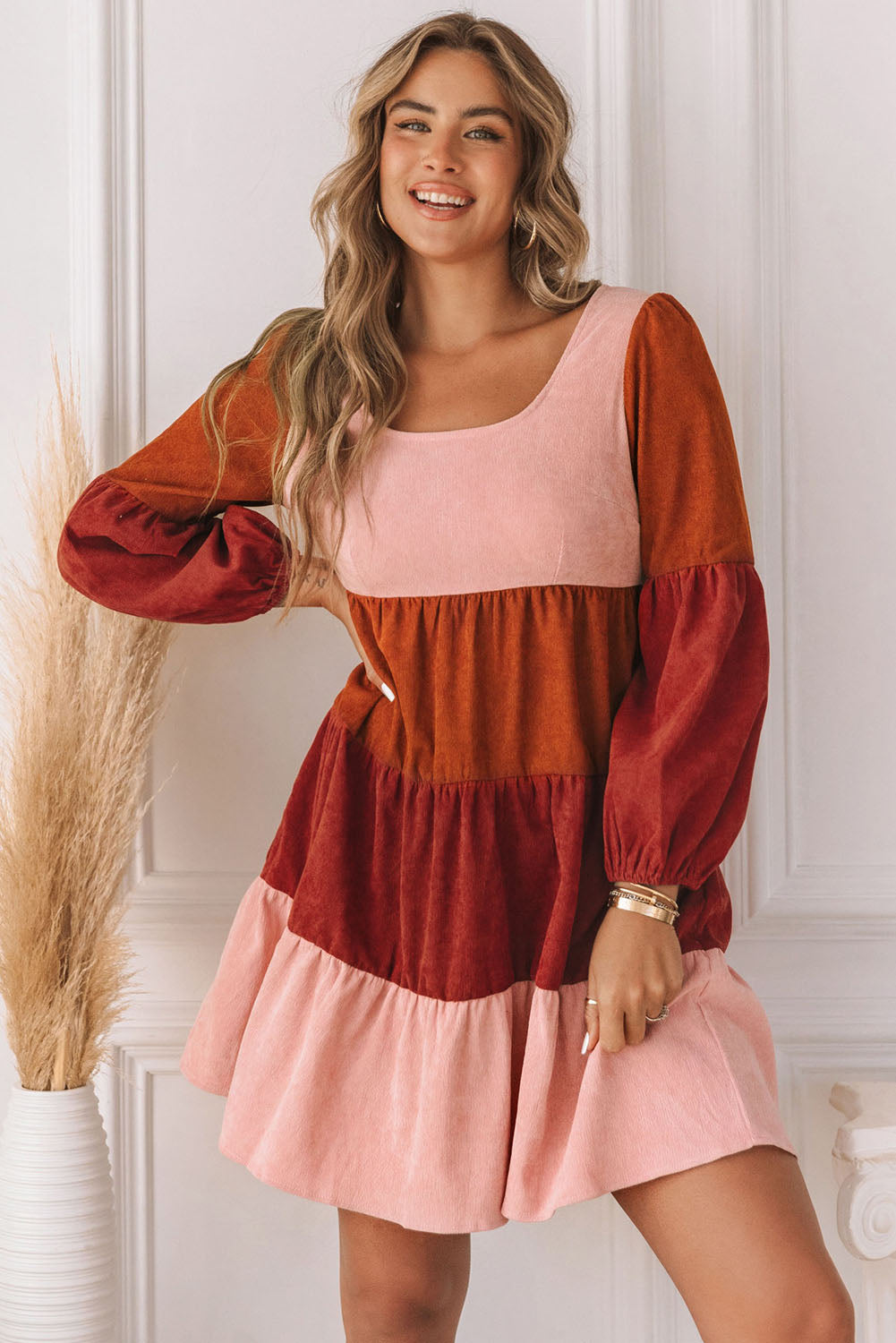 Corduroy Striped Square Neck Long Sleeve Dress