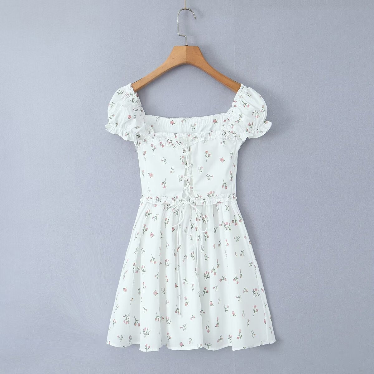 New Women's Cross-border Bubble Sleeve Printed Lace Waist Dress