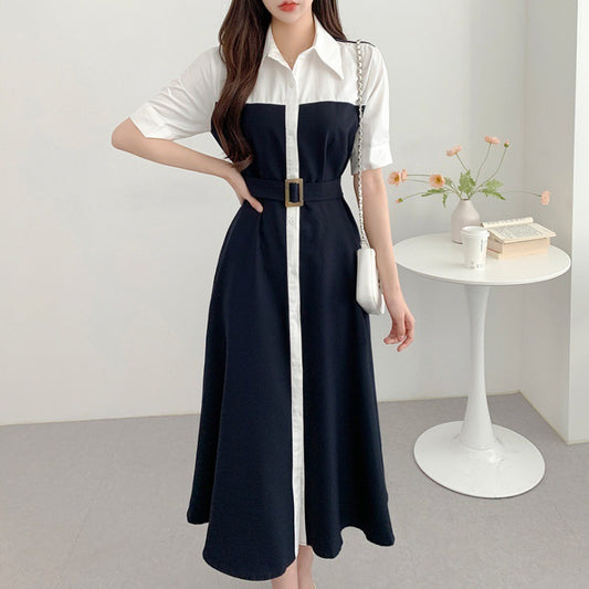 Contrast Color Waist-controlled Lace-up Dress Women