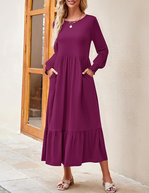 Robe mi-longue smockée à manches longues et col rond pour femme