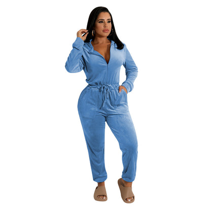 Velvet Long Sleeved Loose Fitting Women's Jumpsuit