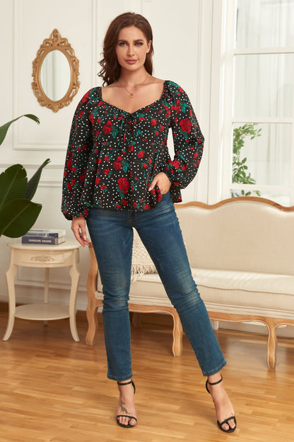 Melo Apparel Plus Size Floral Balloon Sleeve Blouse