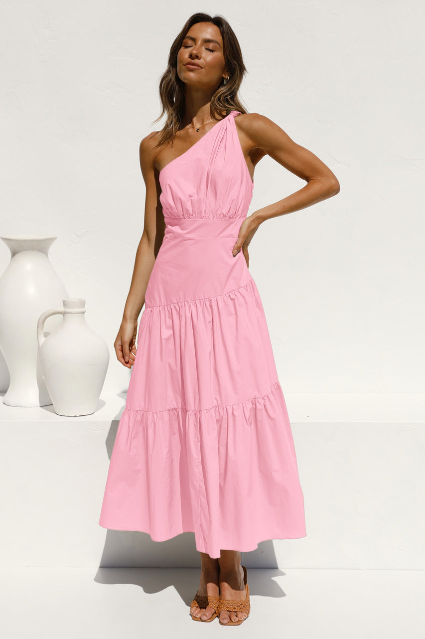 Fashion Off-the-shoulder Swing High Waist Pure Color Irregular Dress