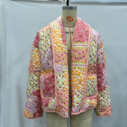 Lapel Fashion Pattern Print Cotton-padded Jacket Coat