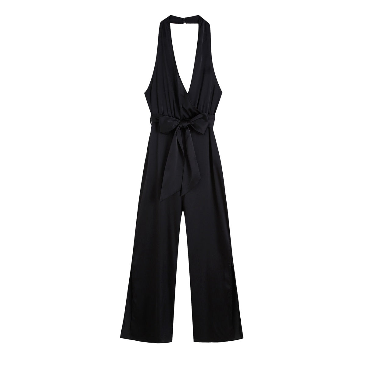 Silk Texture Belt Black Slim Jumpsuit