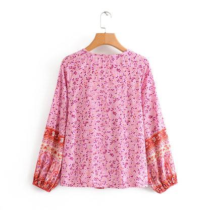 Spring Women's Purple Floral Long-sleeved Shirt