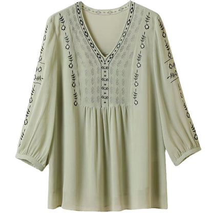 Embroidered V-Neck Design Chic Loose Top