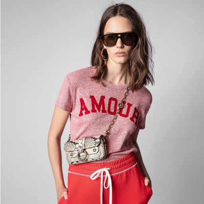 Letters AMOUR Flocked Print Floral Crew Neck Short Sleeves