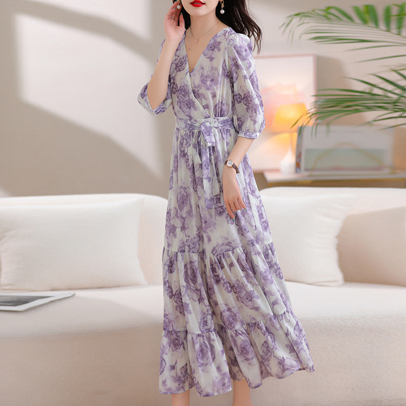 Women's Waist Trimming Printing Chiffon Dress