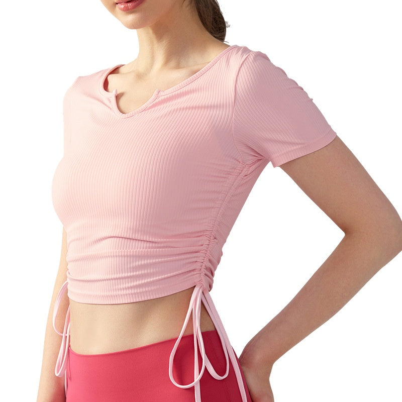 Drawstring V-neck Irregular Sports Short Sleeve Yoga Jacket