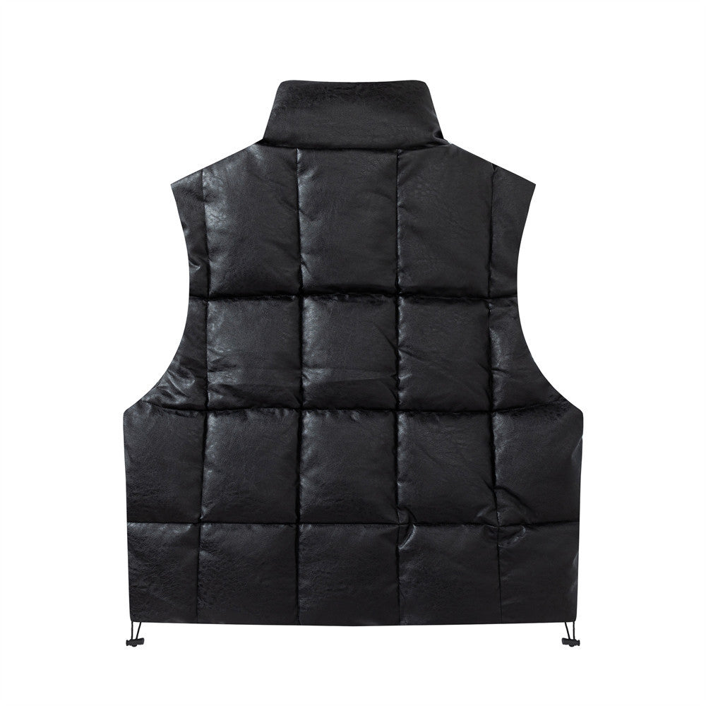 Loose Zip Stand Collar Sleeveless Leather Vest