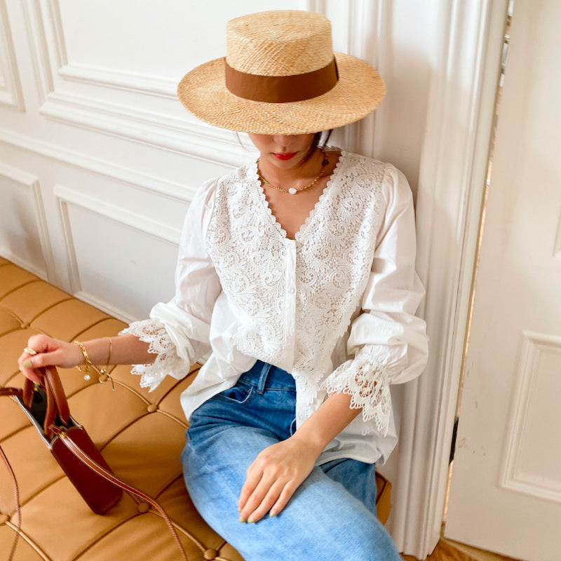 Blusa de temperamento con camisa de encaje para mujer de diseño francés