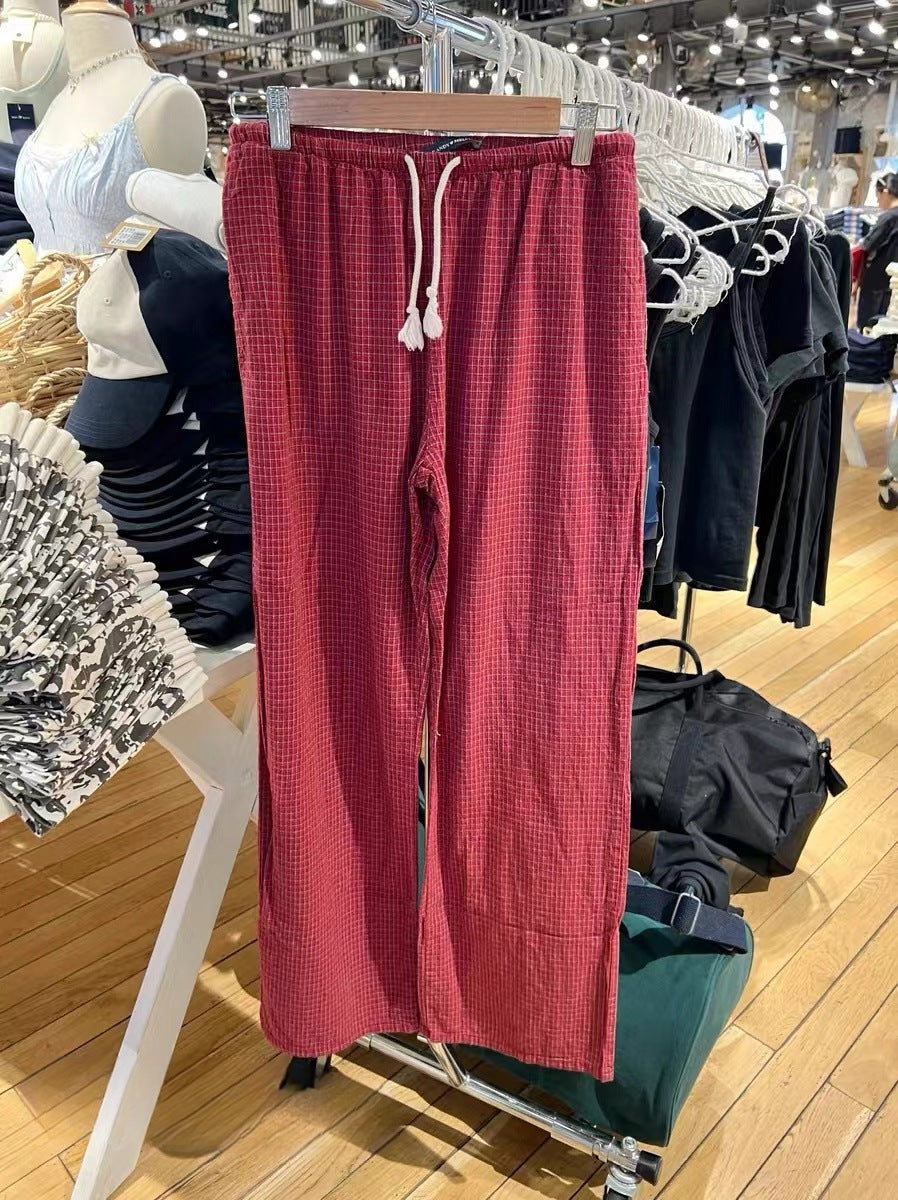 Pantalones casuales a cuadros rojos con cordón en la cintura sueltos y elásticos para mujer