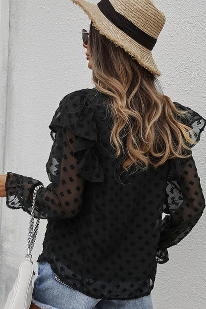 Swiss Dot Ruffle Shoulder Long Sleeve Blouse