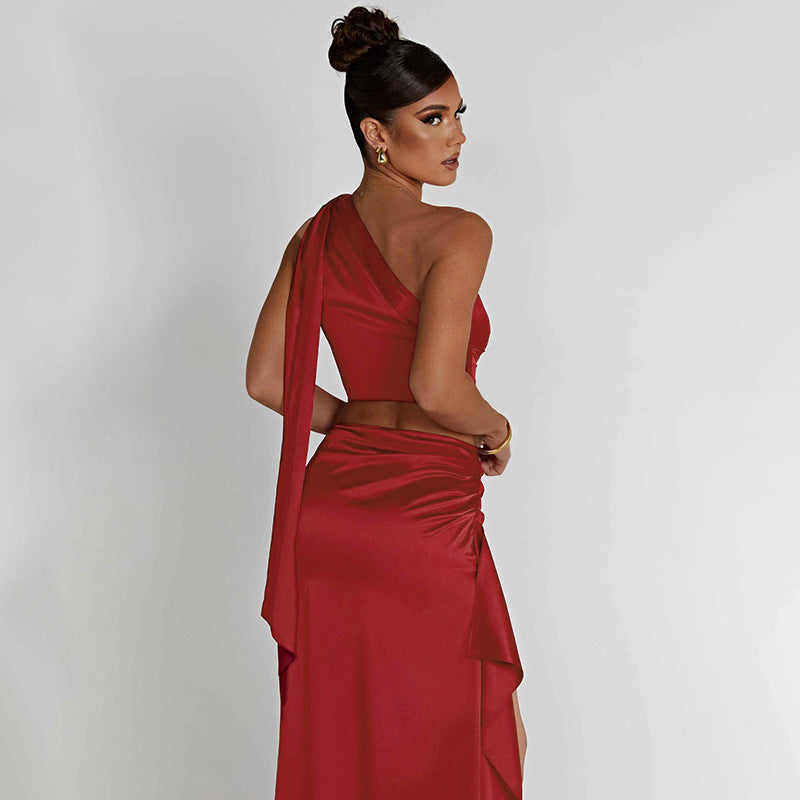 One-shoulder Satin Short Top High Waist Split Maxi Dress E