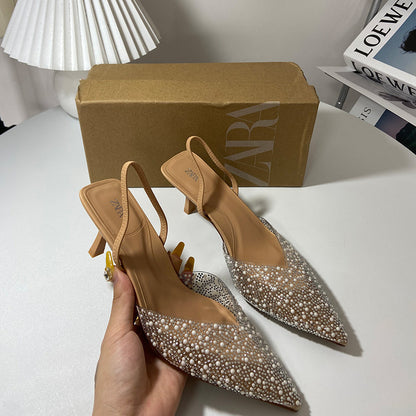 Sandalias con tira trasera y perlas decoradas con tacón de aguja puntiagudo a la moda para mujer