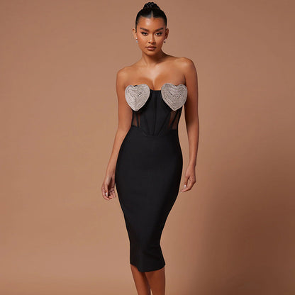 Spring And Summer New Sexy Peach Chest Diamond Backless Hip Bandage Dress Party Dress