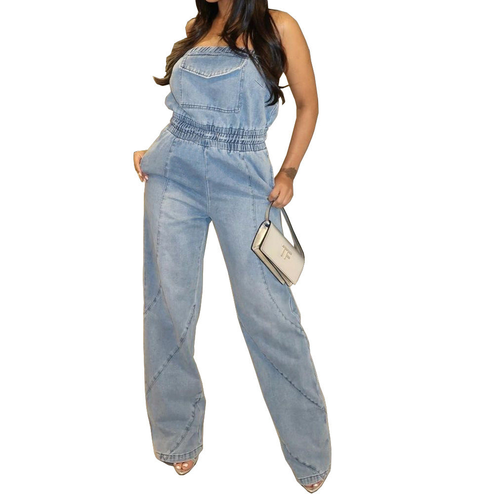 Stitched Backless Pocket Washing Water European And American Denim Jumpsuit