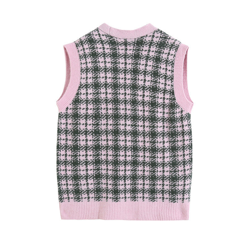 Women's V-neck Plaid Knitted Vest Cardigan