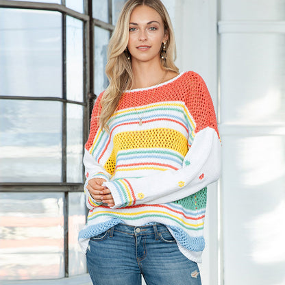 Jersey a rayas de arco iris para mujer, suéter de cuello redondo con contraste de dopamina a la moda europea y americana