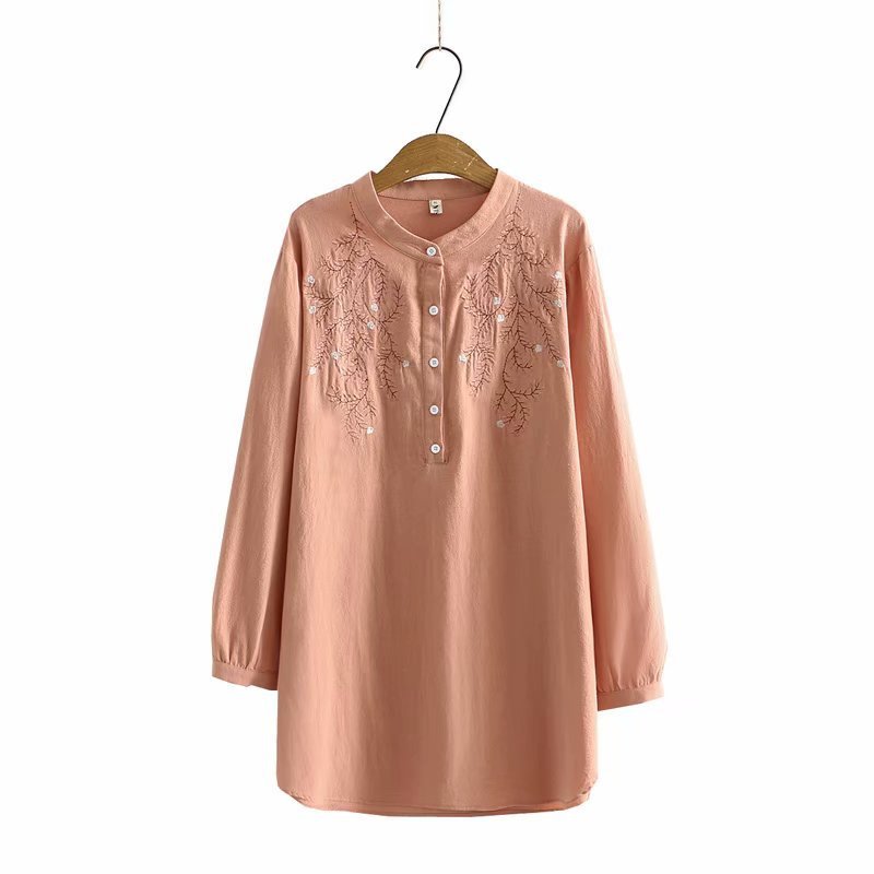 Loose Long-sleeved Stand-collar Ethnic Embroidery Shirt Women's Clothing