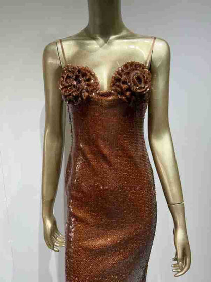 Sequined Brown Sling Dress High Street Banquet