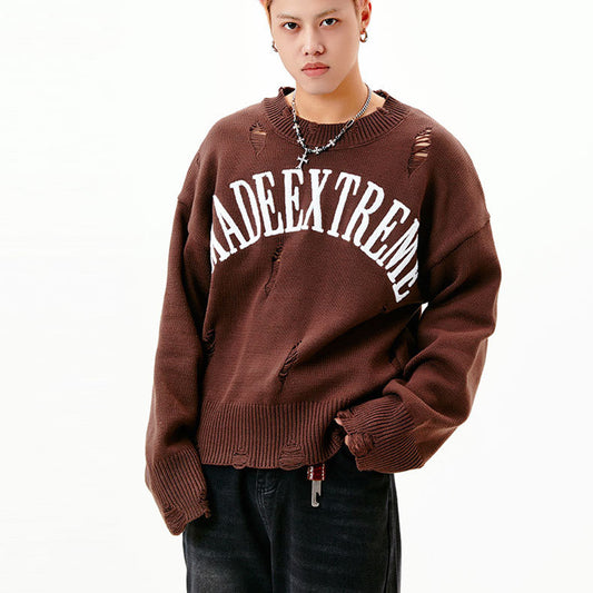 Letter Idle Style Wormhole Damaged Knitted Sweater