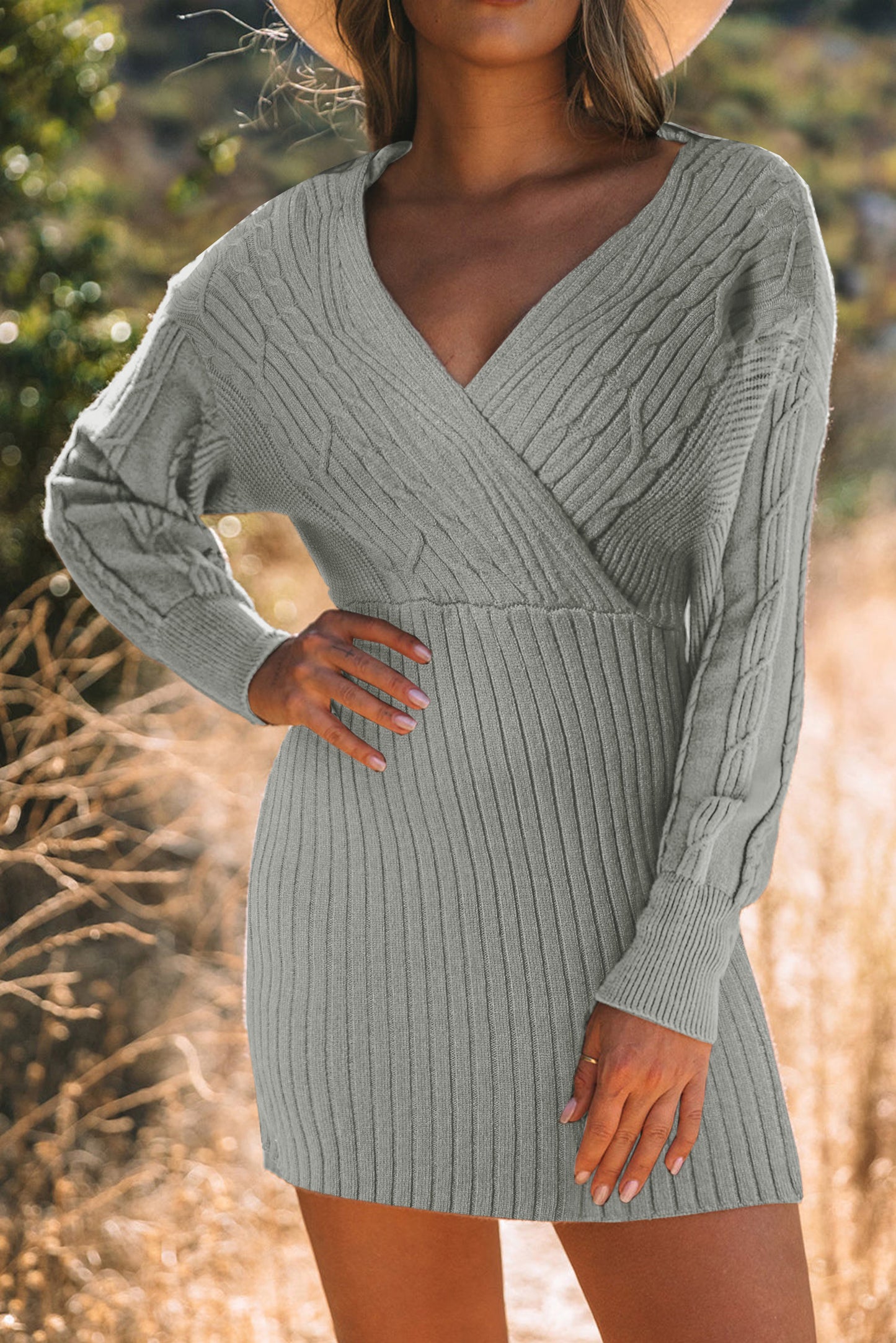 Gray Cable Ribbed Knit V Neck Bodycon Sweater Dress