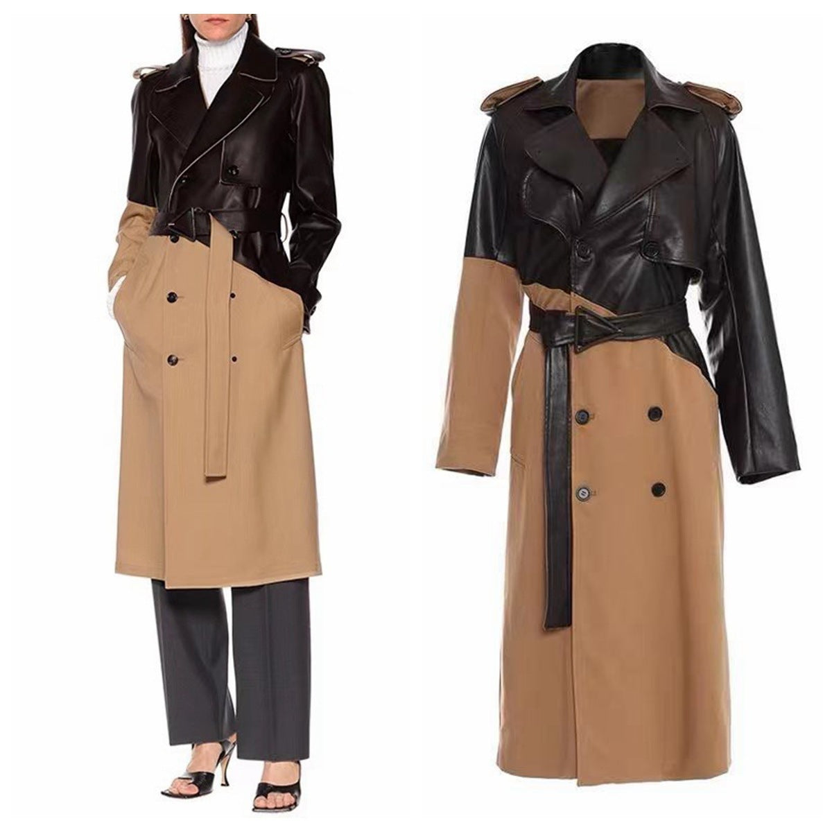 Leather Stitching Trench Coat Elegant Tied Double Breasted Fitted Waist Over The Knee