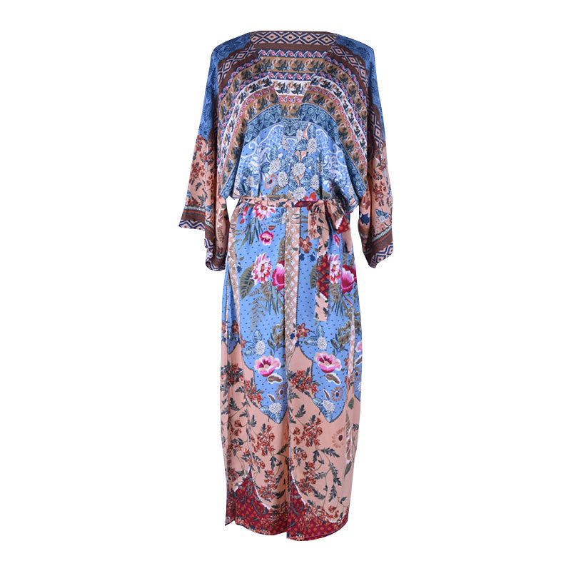 Rayon Printed Robe With Loose Waist Cardigan