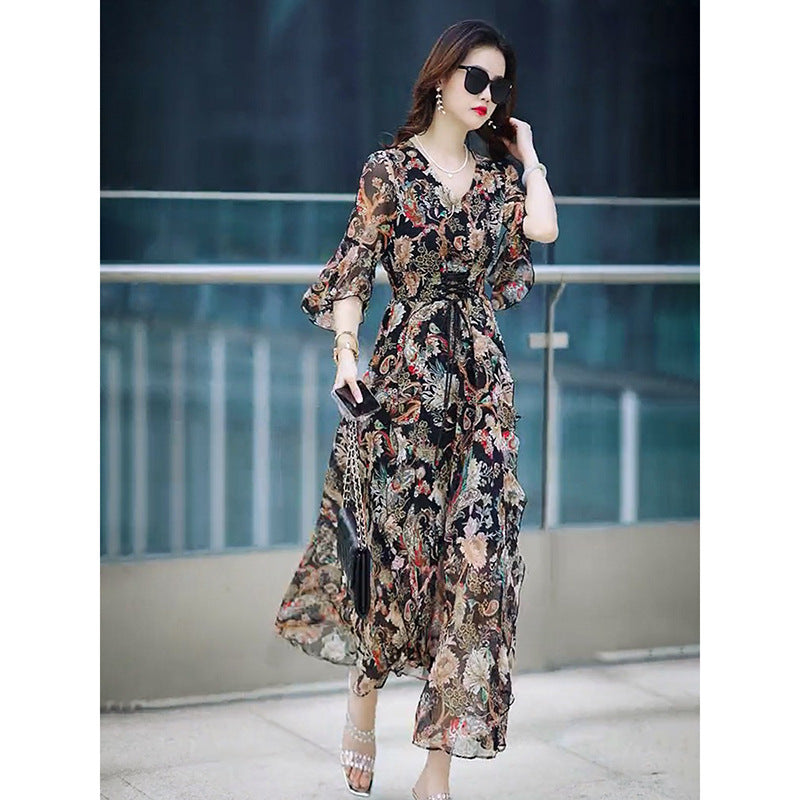 Vestido Mujer Reducción de Edad Escote en V Floral