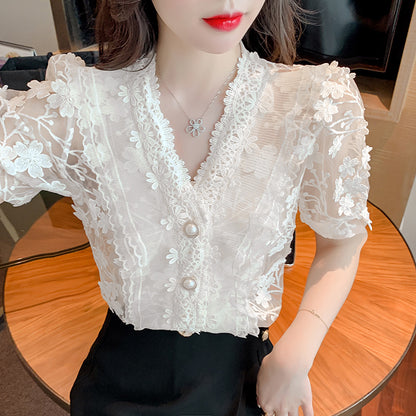 Lace Shirt Three-dimensional Flower V-Neck Puff Sleeve