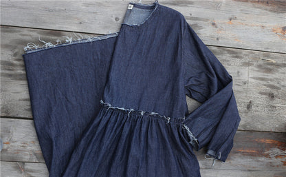 Spring Denim Blue High Waist Pleated Loose Burrs Dress