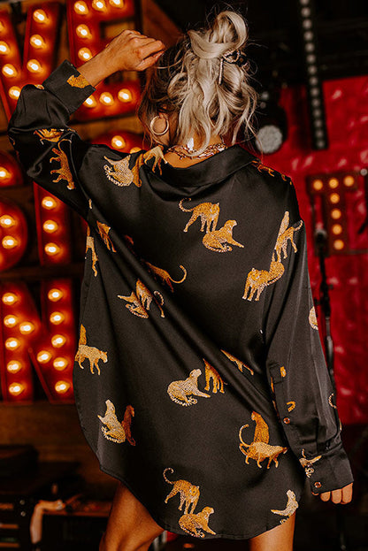 Solid Color Satin Long Sleeve Cardigan Animal Print Shirt