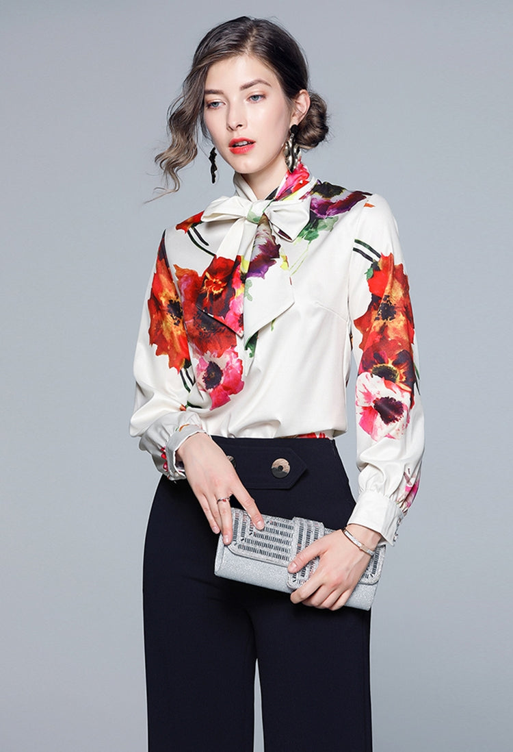 Long Sleeve Bow Ribbon Print Fashion Women's Shirt