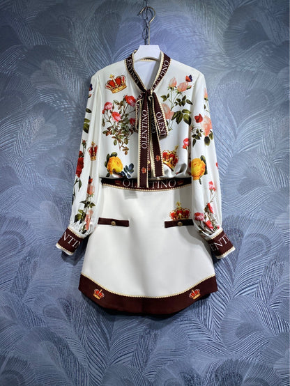 Printed Long-sleeved Shirt Mid-length Dress Set