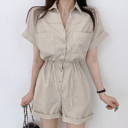 Single-breasted Large Pocket Drawstring Waist Trimming Short-sleeved Casual Jumpsuit Shorts For Women