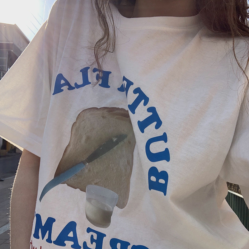 T-Shirt français à manches courtes avec lettres de tempérament rétro pour femmes