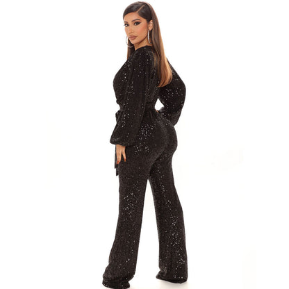 Women's Sequined Deep V-neck Long-sleeved Jumpsuit Trousers